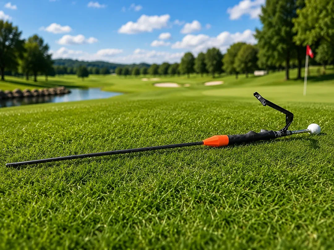 Swivot Golf system resting on the range with the practice green behind it
