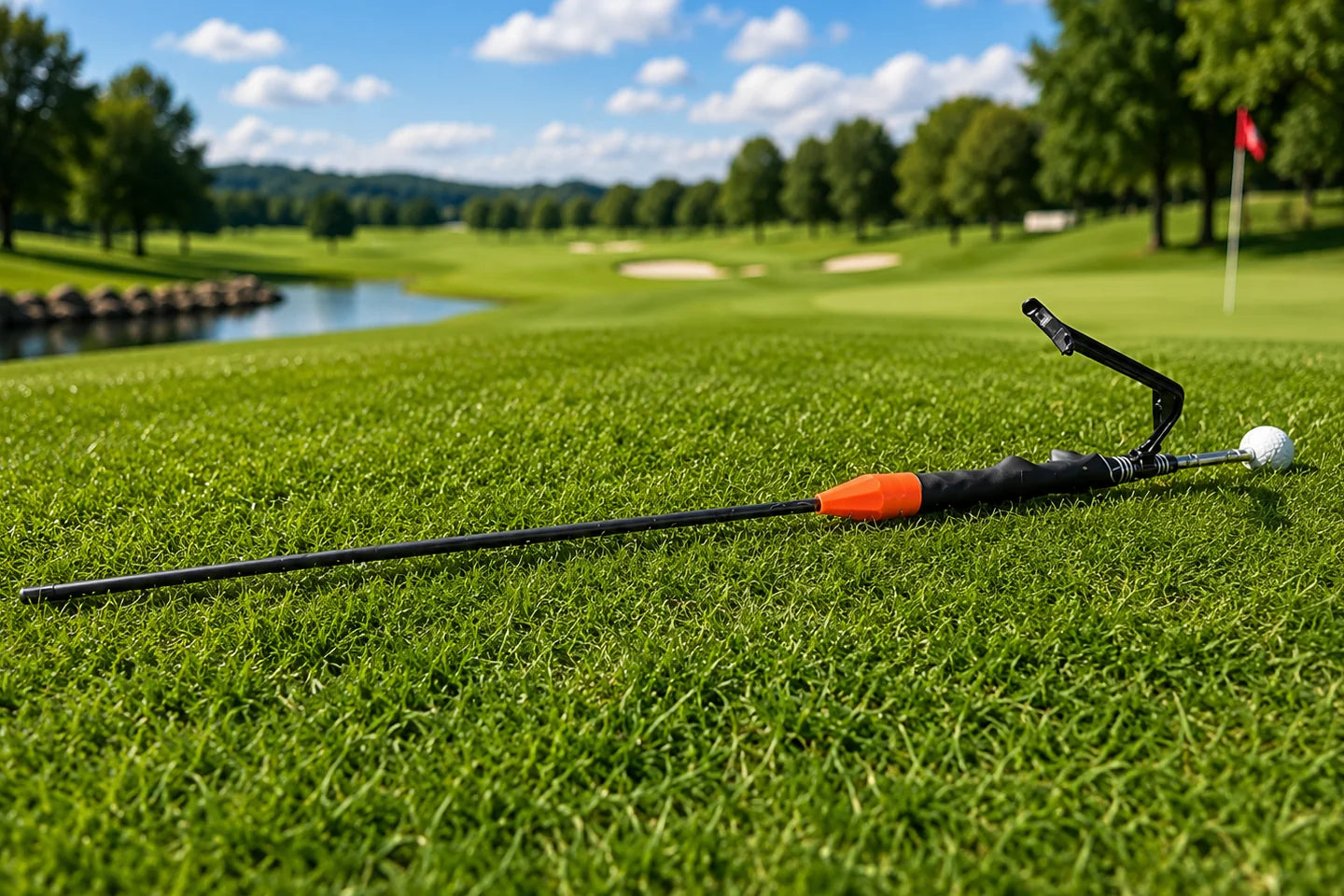 The complete Swivot Golf training system positioned on a green beside a golf ball