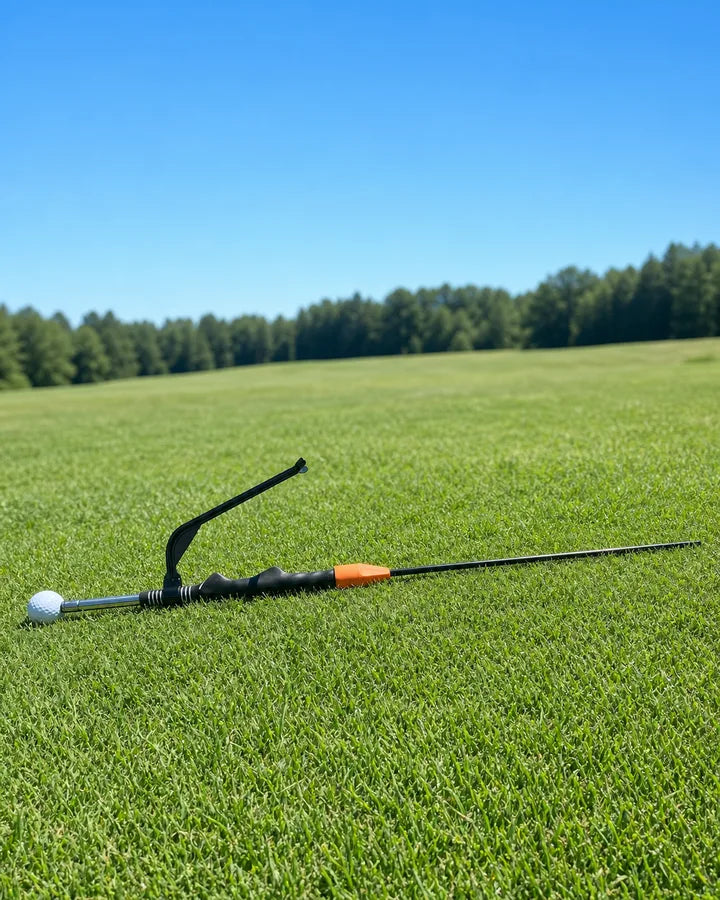 Complete Swivot system with its hinge trainer and alignment stick extended across the practice green