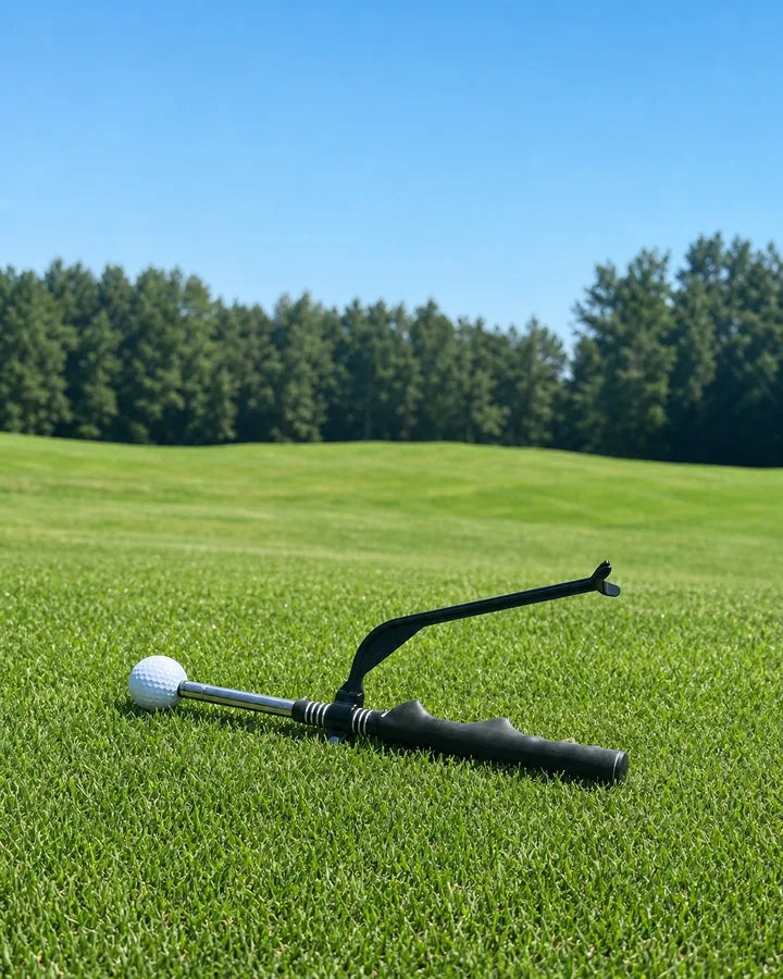 Swivot wrist hinge trainer attached to the club beside a golf ball on the practice green