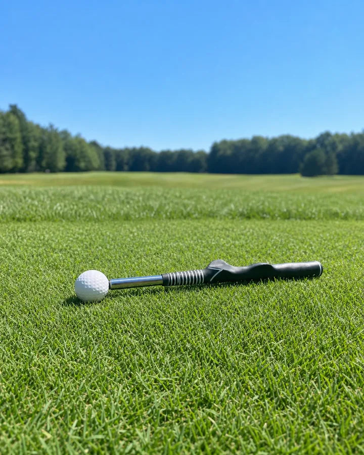 Retractable Swivot club resting beside a golf ball on the practice green